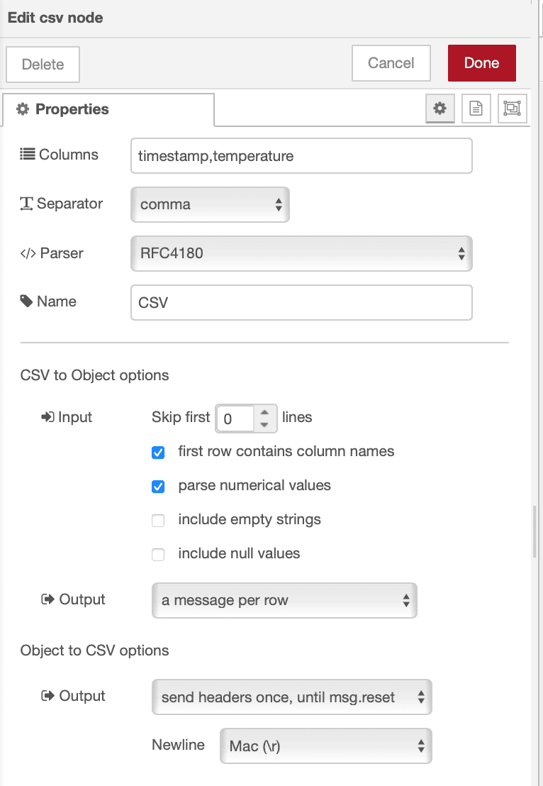Image showing CSV node configuration